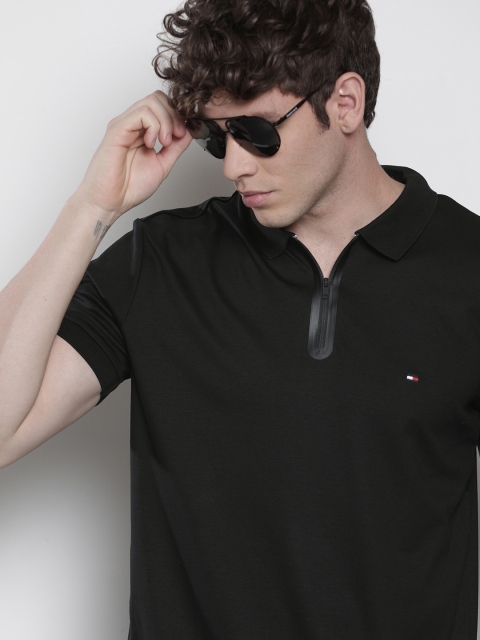 

Tommy Hilfiger Men Black Regular Fit Solid Polo Collar Pure Cotton T-shirt