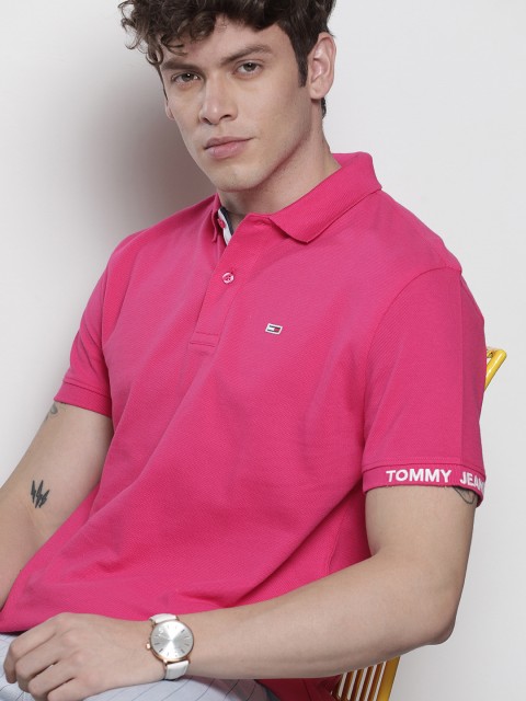 

Tommy Hilfiger Men Pink Solid Polo Collar Pure Cotton T-shirt