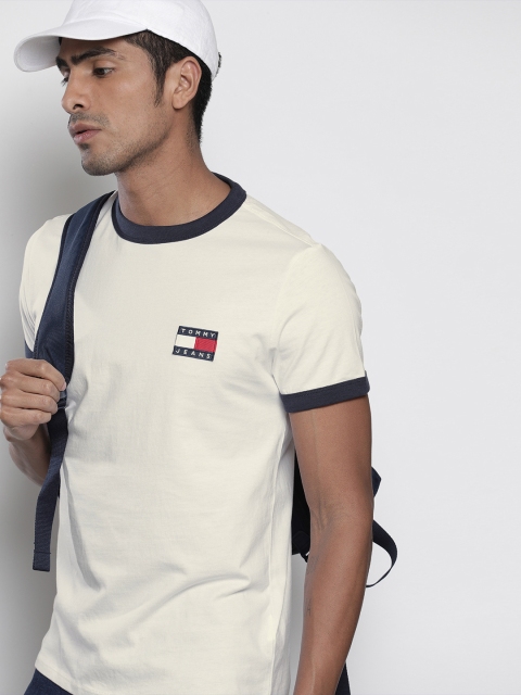 

Tommy Hilfiger Men White Solid Round Neck T-shirt with Applique Detailing