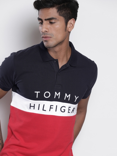 

Tommy Hilfiger Men Navy Blue & Red Colourblocked Polo Collar T-shirt
