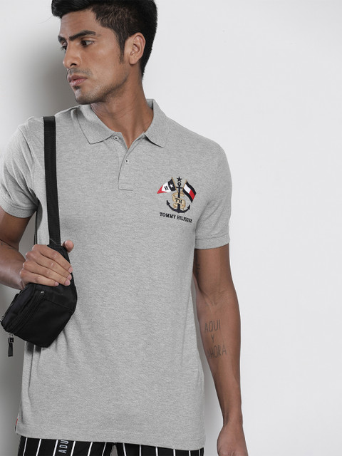 

Tommy Hilfiger Men Grey Regular Fit Solid Polo Collar T-shirt with Embroidered Detailing