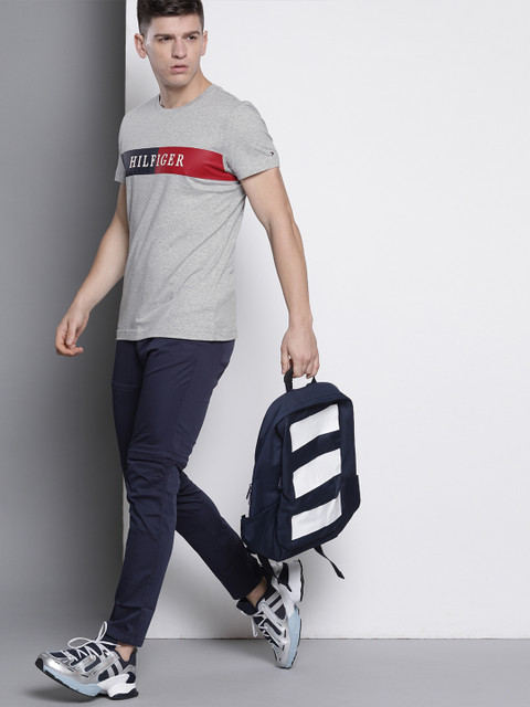 

Tommy Hilfiger Men Grey Melange Printed Round Neck Pure Cotton T-shirt
