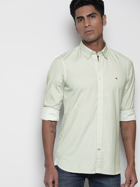 

Tommy Hilfiger Men White & Olive Green Slim Fit Printed Casual Shirt