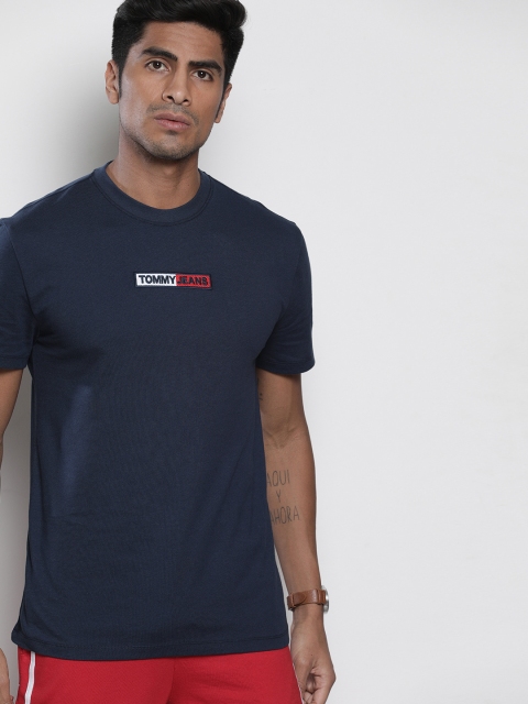 

Tommy Hilfiger Men Navy Blue Solid Round Neck Pure Cotton T-shirt with Embroidered Detailing