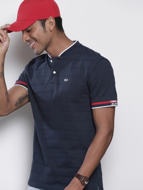 

Tommy Hilfiger Men Navy Blue Self Striped Henley Neck Pure Cotton T-shirt