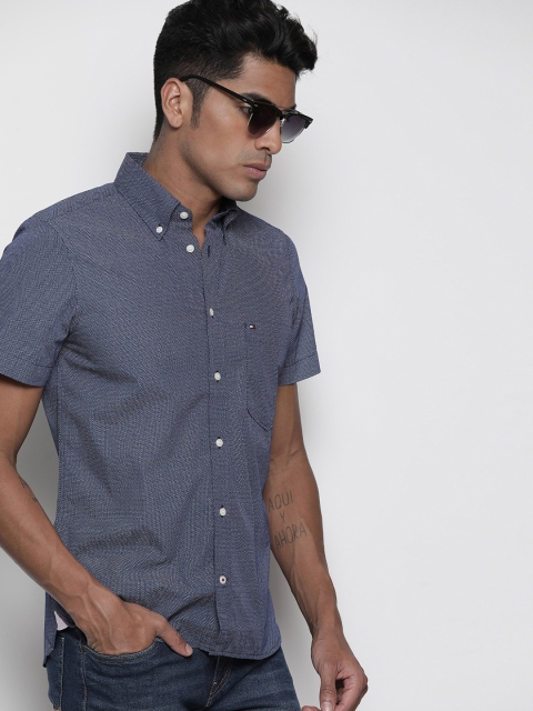 

Tommy Hilfiger Men Navy Blue & White Printed Slim Fit Casual Shirt