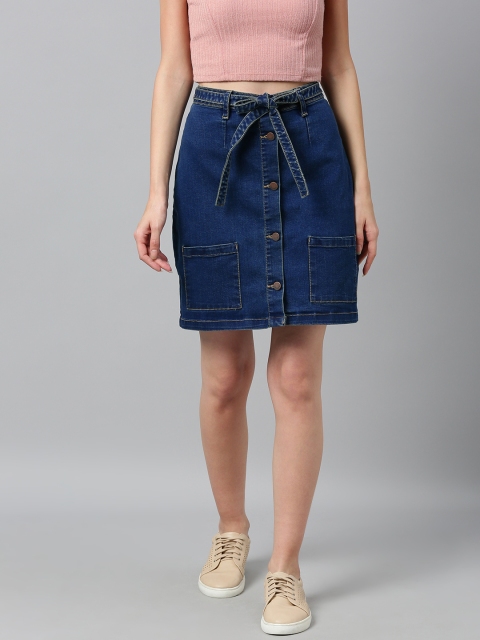 

HERE&NOW Women Blue Washed Denim Straight Skirt With Front Button Detail