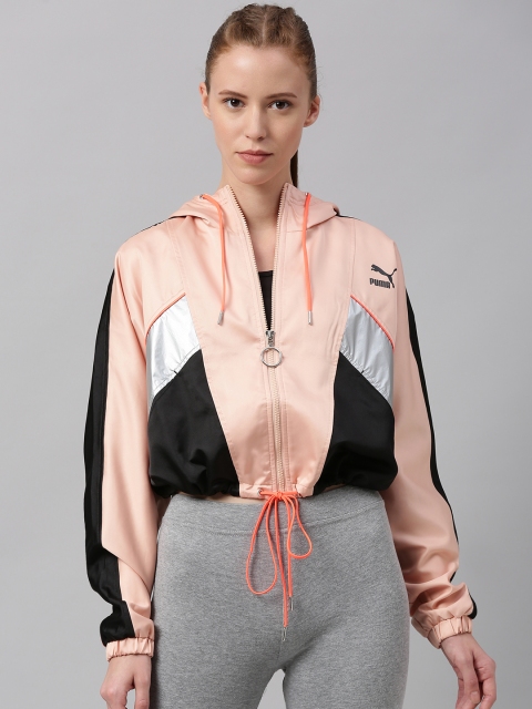 

Puma Women Peach-Coloured & Black Colourblocked Hooded TFS Fashion Lux Track Sporty Jacket