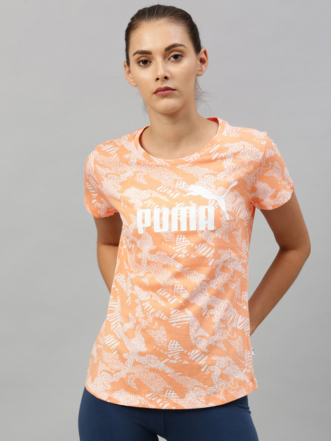 

Puma Women Orange White Printed Round Neck Pure Cotton T-shirt
