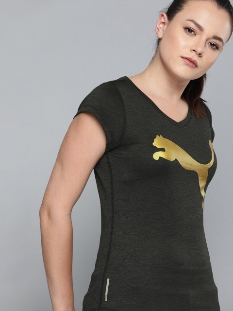 

Puma Women Black Drycell Slim Fit Heather Cat Printed Running & Training T-shirt