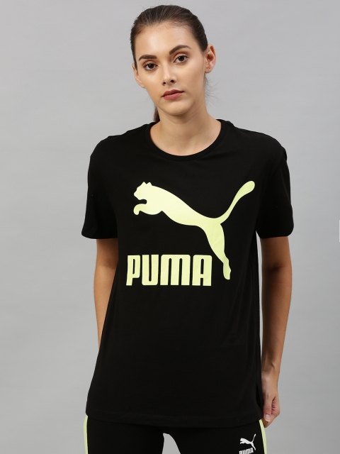 

Puma Women Black Yellow Printed Classics Logo Round Neck Pure Cotton T-shirt