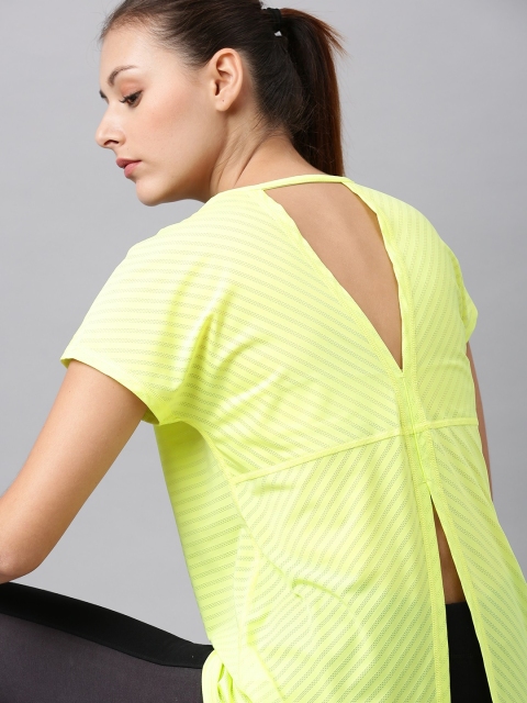 

Puma Women Lime Green Self-Striped Round Neck Be Bold Training Styled Back T-shirt