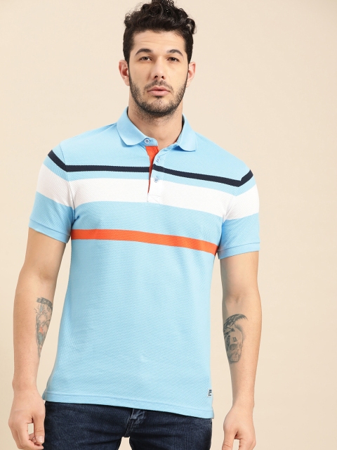 

United Colors of Benetton Men Blue & White Striped Polo Collar T-shirt