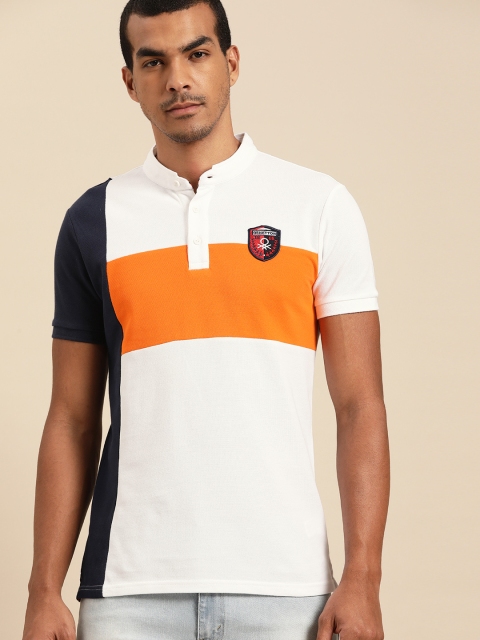 

United Colors of Benetton Men White & Orange Colourblocked Mandarin Collar T-shirt