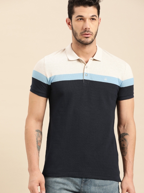 

United Colors of Benetton Men Navy Blue & Beige Colourblocked Polo Collar T-shirt
