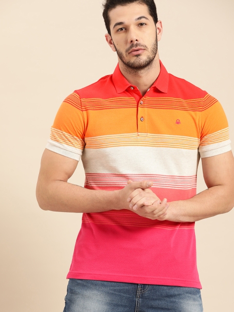 

United Colors of Benetton Men Pink & Orange Striped Polo Collar T-shirt