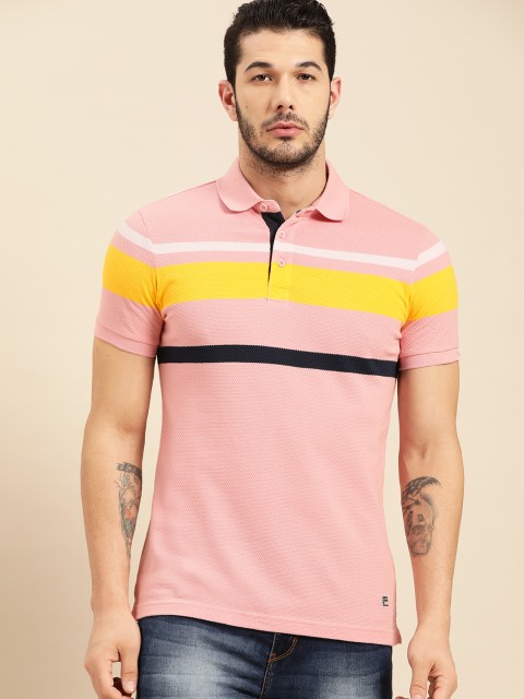 

United Colors of Benetton Men Pink & Yellow Striped Polo Collar T-shirt