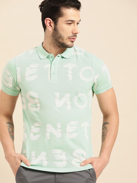 

United Colors of Benetton Men Green & White Printed Polo Collar T-shirt