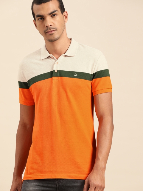 

United Colors of Benetton Men Orange & Beige Colourblocked Polo Collar T-shirt