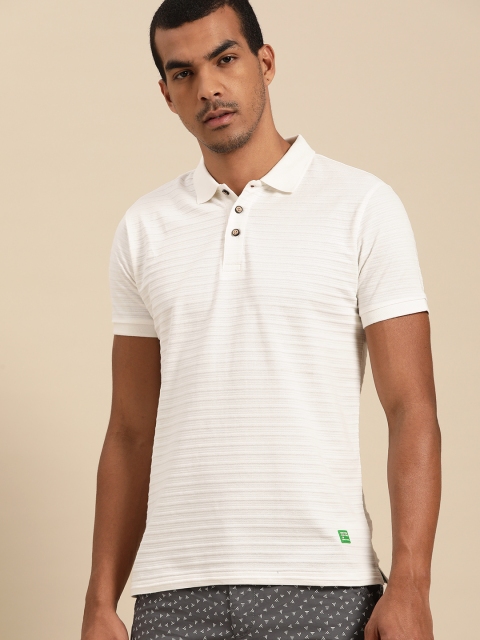 

United Colors of Benetton Men Off-White Jacquard Striped Polo Collar T-shirt