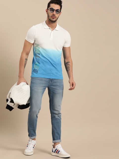 

United Colors of Benetton Men White & Blue Dyed Polo Collar T-shirt
