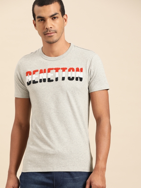

United Colors of Benetton Men Grey Melange Applique Detail Round Neck T-shirt