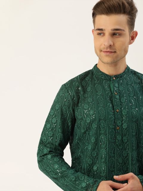 

House of Pataudi Men Green Chikankari Embroidered Sequinned Straight Kurta