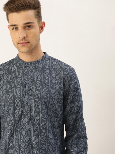 

House of Pataudi Men Grey Chikankari Embroidered Straight Kurta