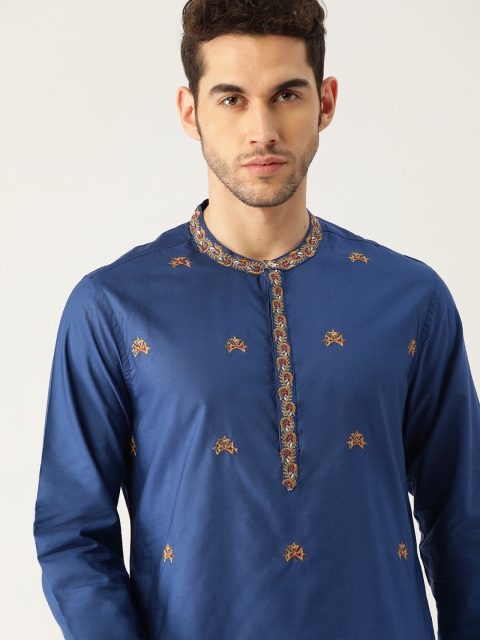 

House of Pataudi Men Blue & Golden Embroidered Straight Kurta