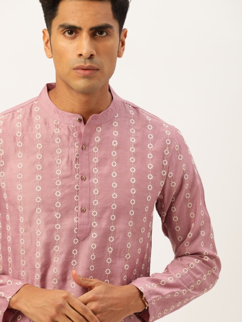 Men Pink Embroidered Straight Kurta