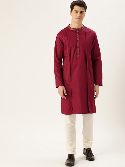 

House of Pataudi Men Maroon Solid Straight Layered Kurta with Embroidery