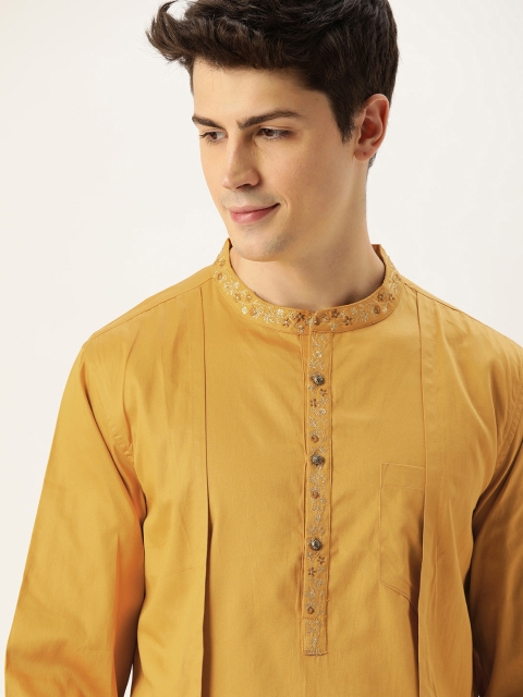 

House of Pataudi Men Mustard Yellow Solid Straight Layered Kurta with Embroidery