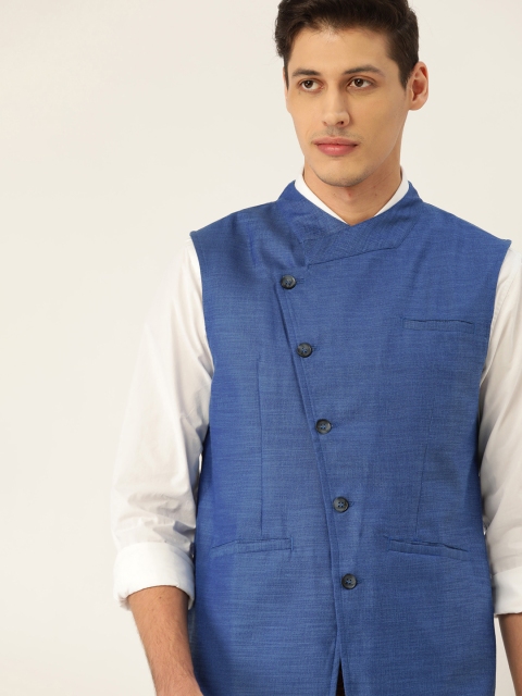 

House of Pataudi Men Blue Self-Striped Nehru Jacket