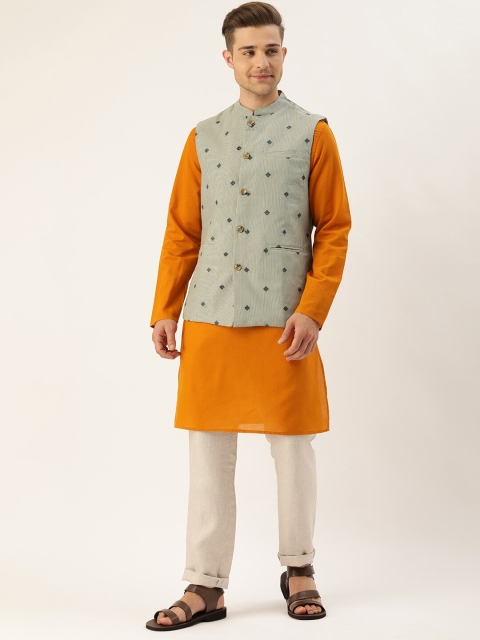 

House of Pataudi Men Grey & Black Woven Design Pure Cotton Nehru Jacket