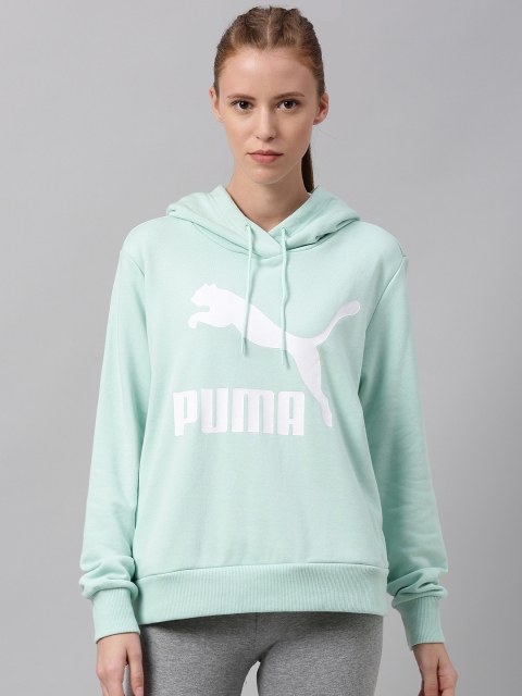 

Puma Women Sea Green Classics Logo Printed Hooded Sweatshirt