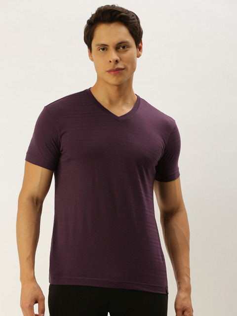 

Jockey Men Aubergine Pure Cotton Self Striped V-Neck T-shirt, Purple