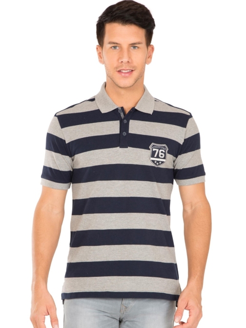 

Jockey Men Grey Melange & Navy Striped Polo Collar T-shirt