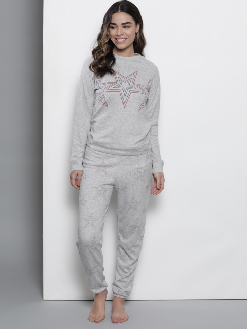 

Marks & Spencer Women Grey Melange & Navy Blue Printed Night suit