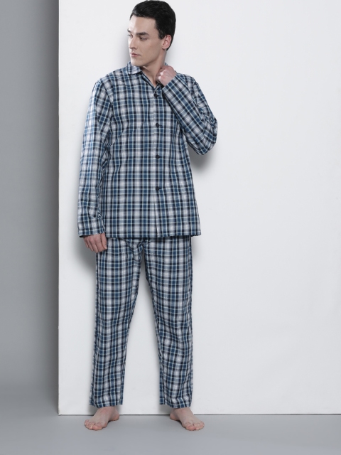 

Marks & Spencer Men Navy Blue & White Easy To Iron Checked Night Suit