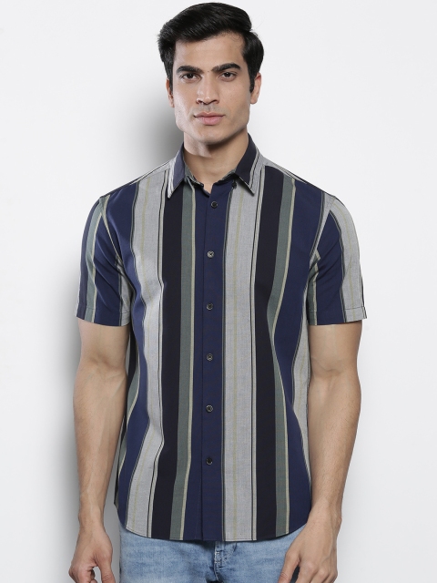 

Marks & Spencer Men Navy Blue & Grey Regular Fit Striped Casual Shirt