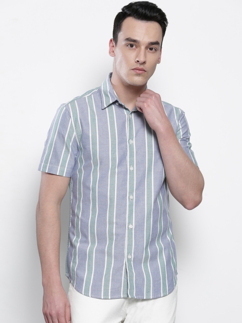 

Marks & Spencer Men Blue & Green Regular Fit Striped Casual Shirt
