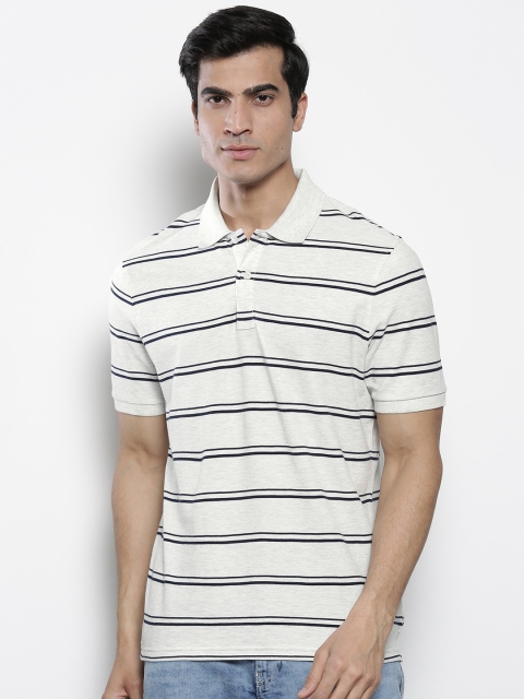

Marks & Spencer Men Grey Melange & Navy Blue Striped Polo Collar T-shirt
