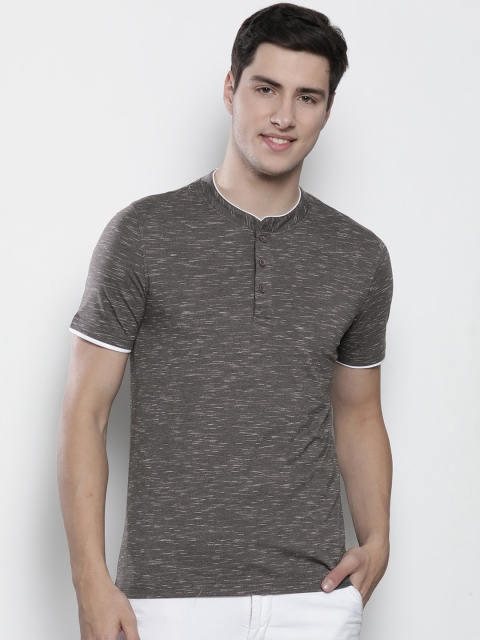 

Marks & Spencer Men Charcoal Grey & Off-White Slim Fit Self Design Henley Neck T-shirt