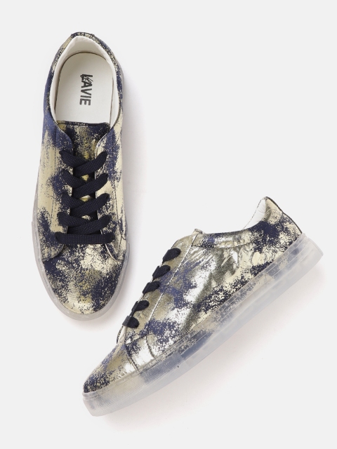 

Lavie Women Gold-Toned & Navy Blue Printed Sneakers
