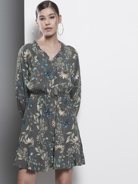

Marks & Spencer Women Grey & Off-White Floral Print A-Line Dress