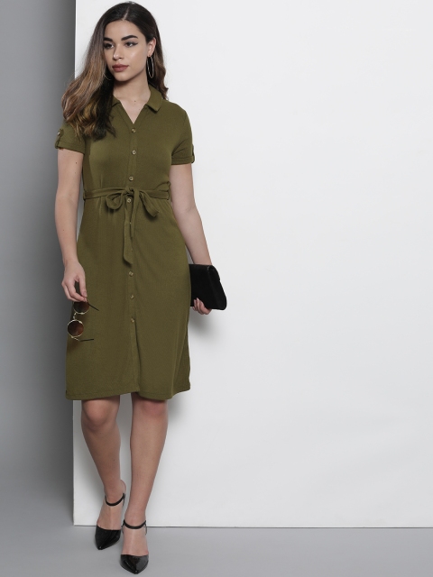 

Marks & Spencer Women Olive Green Solid Shirt Dress