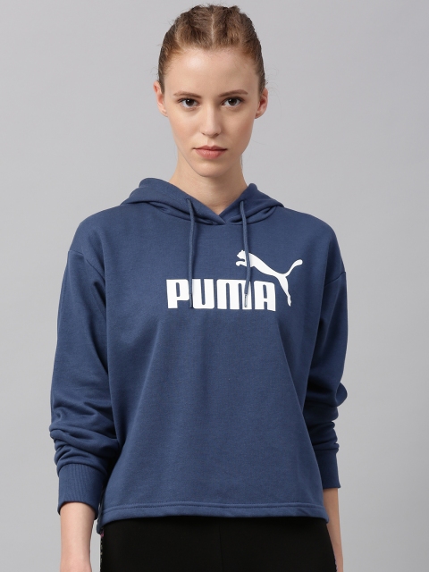 

Puma Women Blue Printed Essentials+ Cropped Hooded Sweatshirt