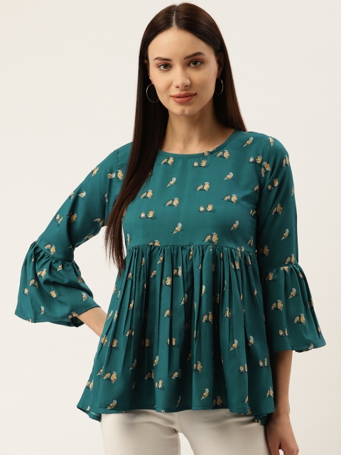 

Darzi Women Teal Green & Beige Printed A-Line Top
