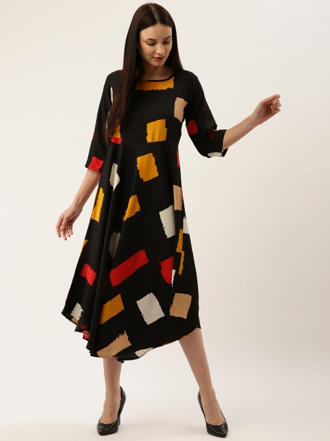 

Darzi Women Black & Mustard Yellow Printed A-Line Dress