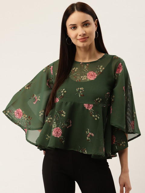 

Darzi Women Green & Pink Printed Sheer Empire Top